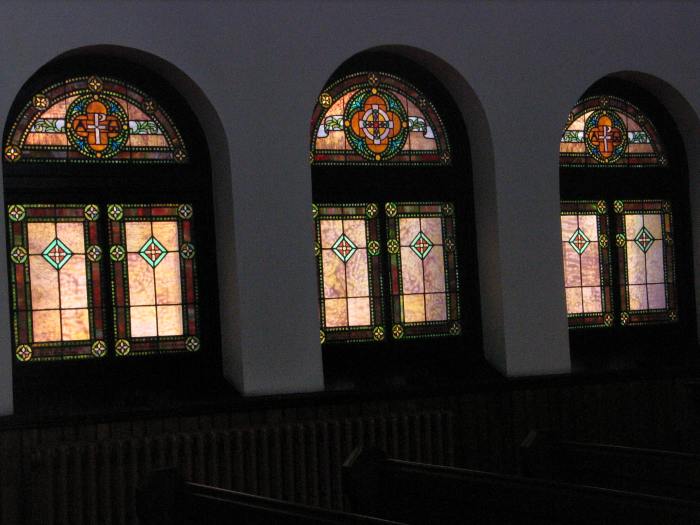 Aisle windows, Emmanuel Episcopal Church, dates unknown; attributed to Leake & Greene